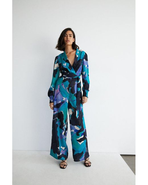 Warehouse Blue Abstract Print Wrap Front Wide Leg Jumpsuit