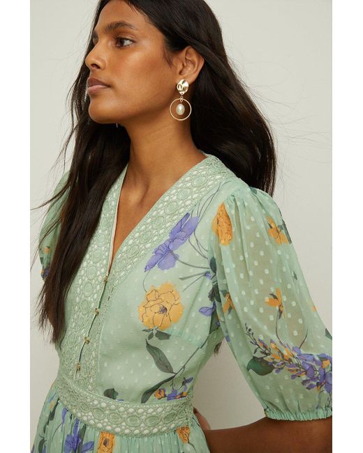 Oasis Green Floral Dobby Chiffon Lace V Neck Midi Dress
