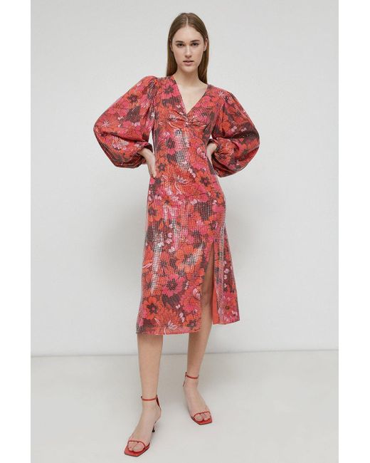 Warehouse Red Printed Sequin V Neck Midi Dress In Floral