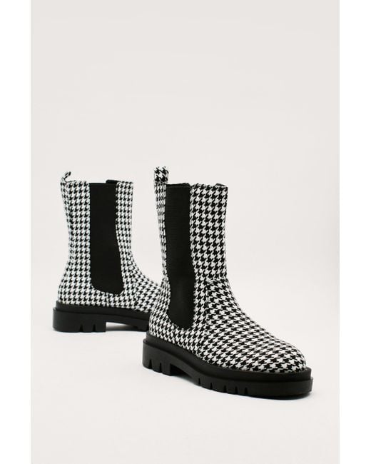 Nasty Gal Black Houndstooth Chunky High Ankle Chelsea Boots