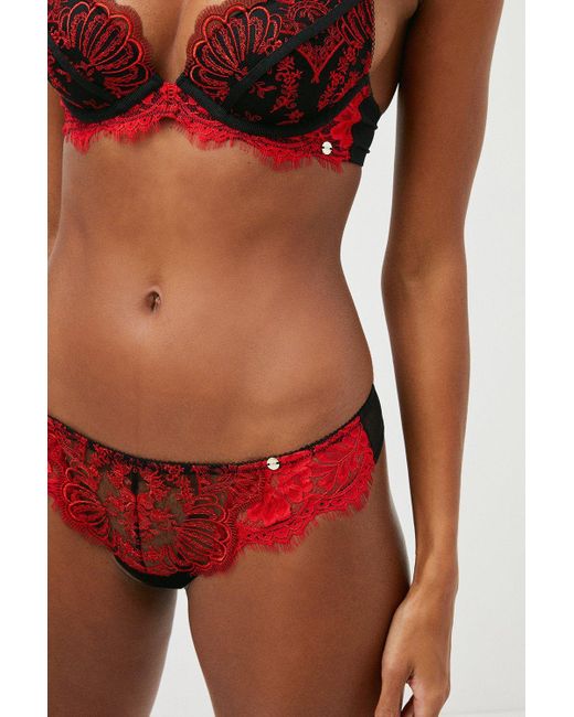 Karen Millen Red Embroidery And Lace Thong