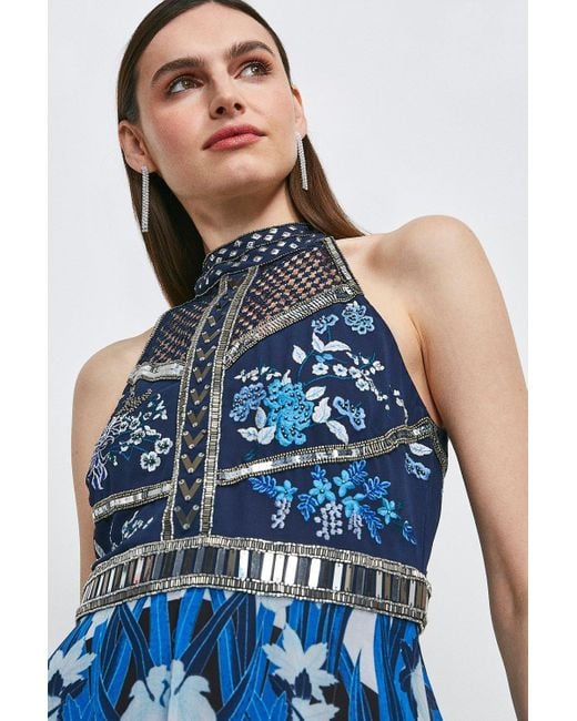 Karen Millen Blue Embroidered And Beaded Floral Midi Dress