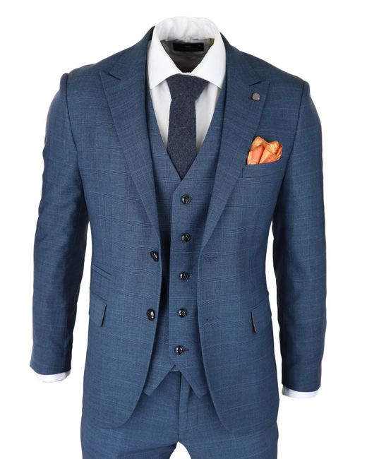 Paul Andrew Blue 3 Piece Suit Prince Of Wales Check Classic Light Tailored Fit Modern for men
