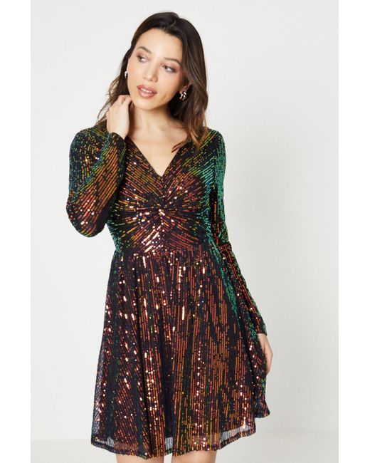 Oasis Black Rainbow Twist Front Sequin Mini Dress