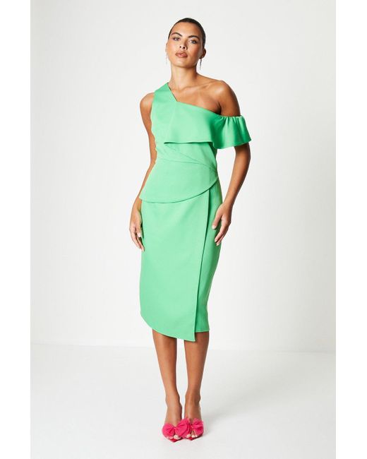 Coast Green Crepe Fallen Shoulder Fold Layer Dress