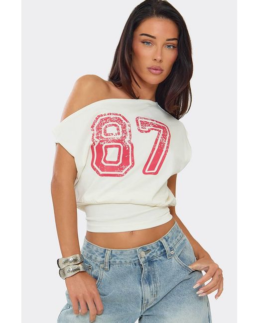 EGO Red Short Sleeve Off-The Shoulder Cut Out Graphic Print Top