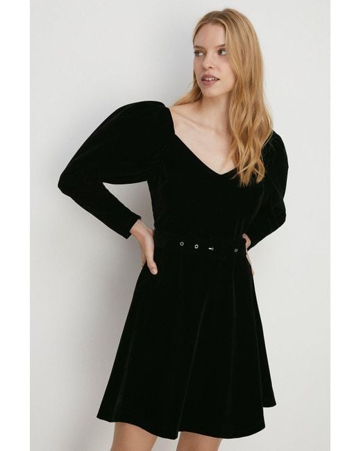 Oasis Black Puff Sleeve Velvet Belted Skater Dress