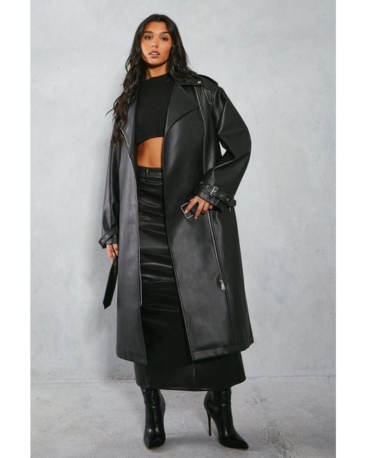 MissPap Black Premium Oversized Leather Look Long Line Biker Jacket
