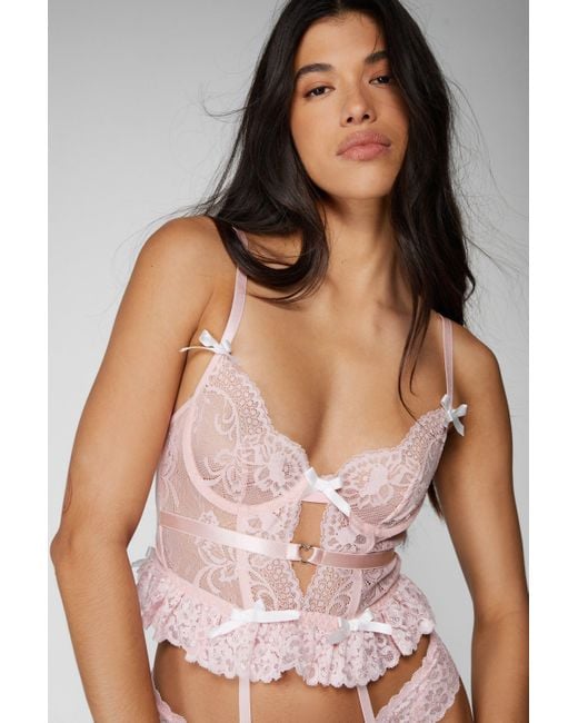 Nasty Gal Pink Lace Bow Cut Out Ruffle Basque And Thong Set
