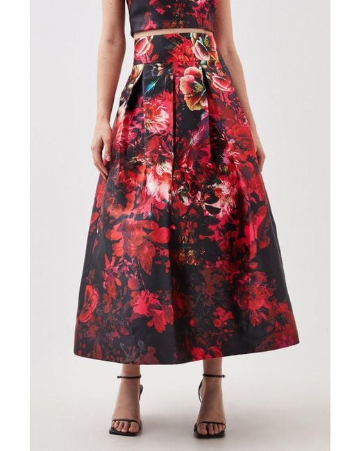 Karen Millen Red Floral Printed Satin Twill Woven Maxi Prom Skirt