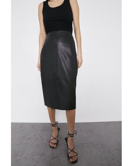 Warehouse Black Real Leather Pencil Skirt