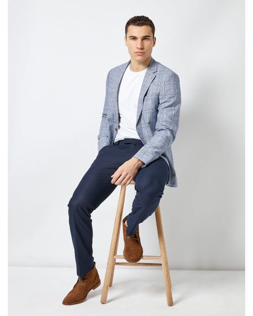 Burton Blue Slim Fit Linen Blend Check Blazer for men