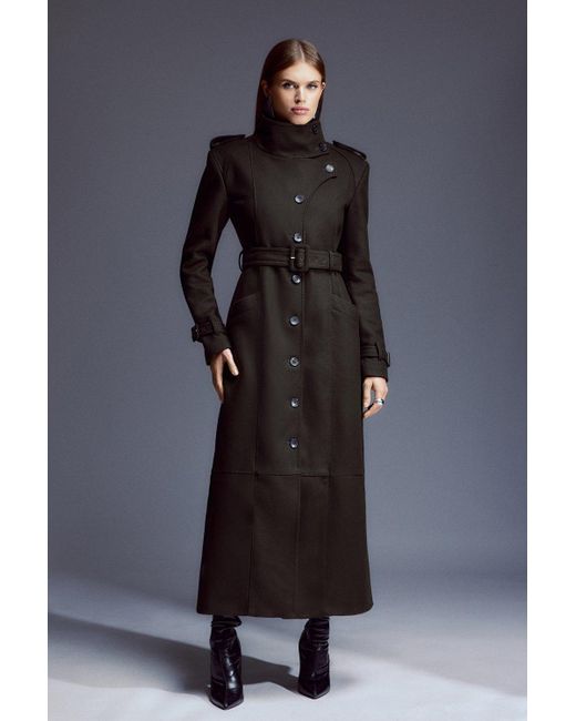 Karen Millen Black Tailored Wool Blend High Neck Belted Maxi Coat