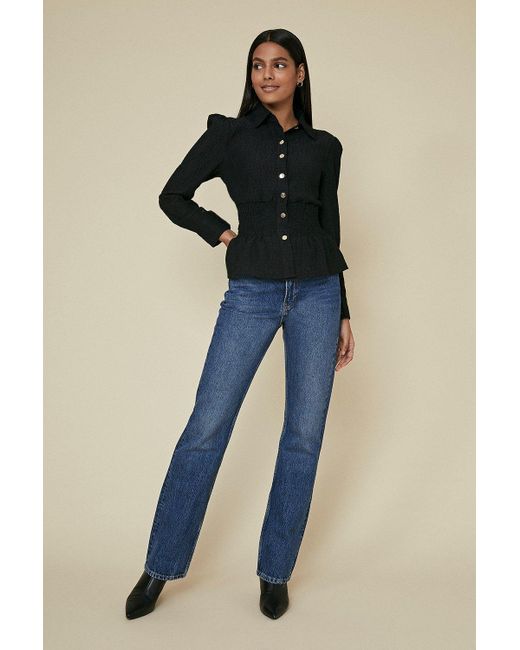 Oasis Black Shirred Collared Top