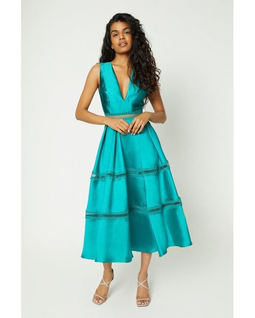 Coast Blue Petite Plunge Neck Twill Midi Dress With Lace Trims