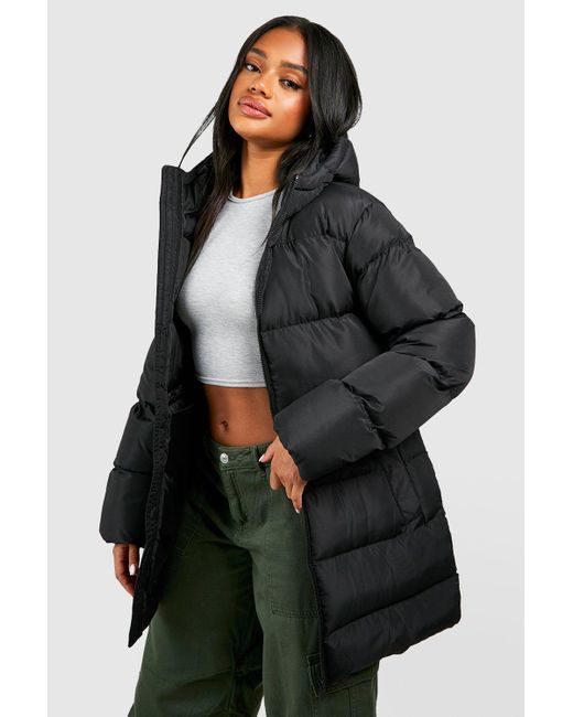 Boohoo Black Synched Waist Puffer Jacket
