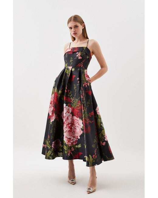 Karen Millen White Jacquard Twill Floral Printed Bandeau Split Maxi Dress