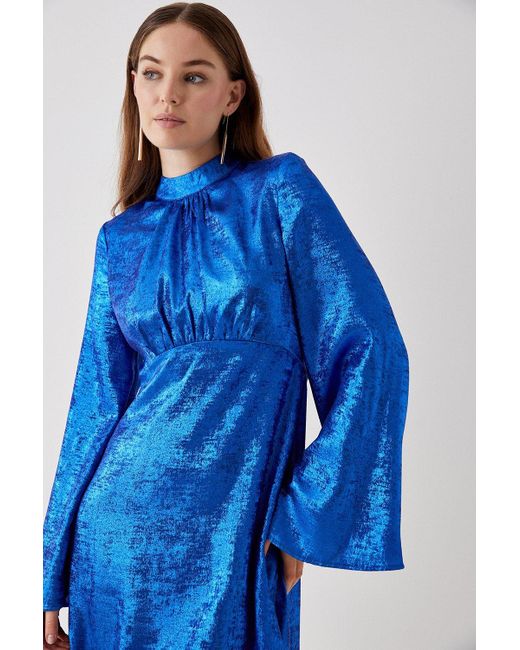 Debut London Blue High Neck Flare Sleeve Mini Dress