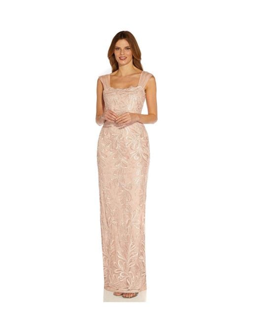 Adrianna Papell White Ribbon Embroidery Column Gown
