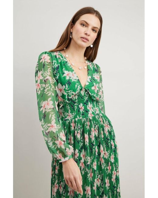 Wallis Green Floral Pleated Dress With Sheering Maxi Detail