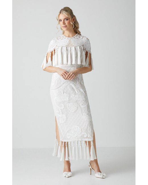 Coast White All Over Hand Embellished Midi Wedding Dress With Tassels