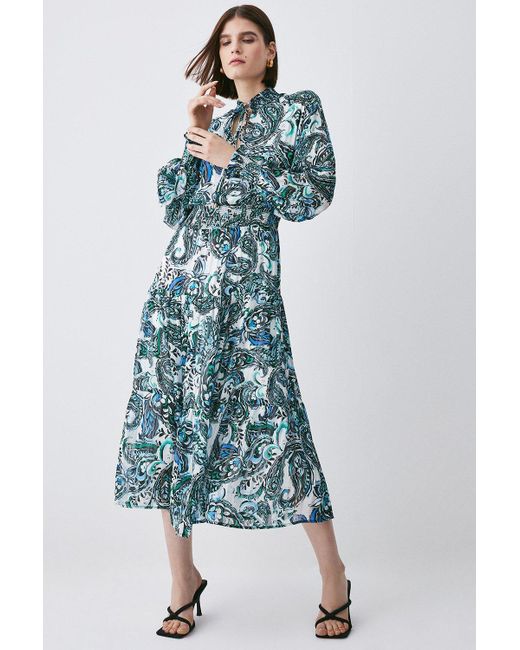 Karen Millen Blue Paisley Shirred Detail Woven Maxi Dress