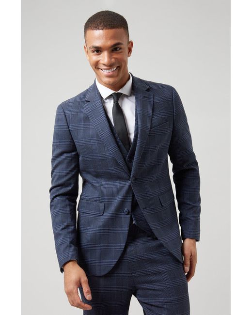 Burton Skinny Fit Blue Large Check Suit Jacket for men
