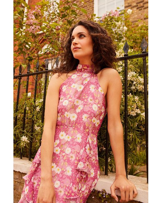 Wallis Brown Pink Floral Ruffle Halter Maxi Dress