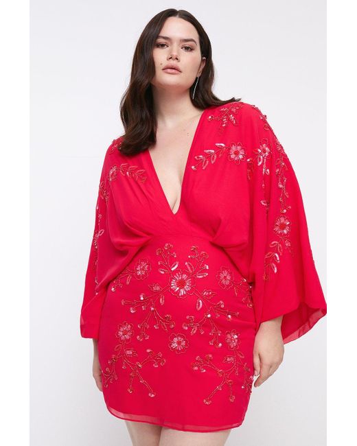 Coast Red Plus Size All Over Beaded V Neck Kimono Mini Dress