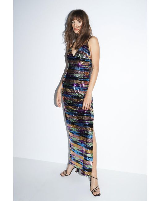 Nasty Gal Blue Multi Color Stripe Sequin Strappy Maxi Dress