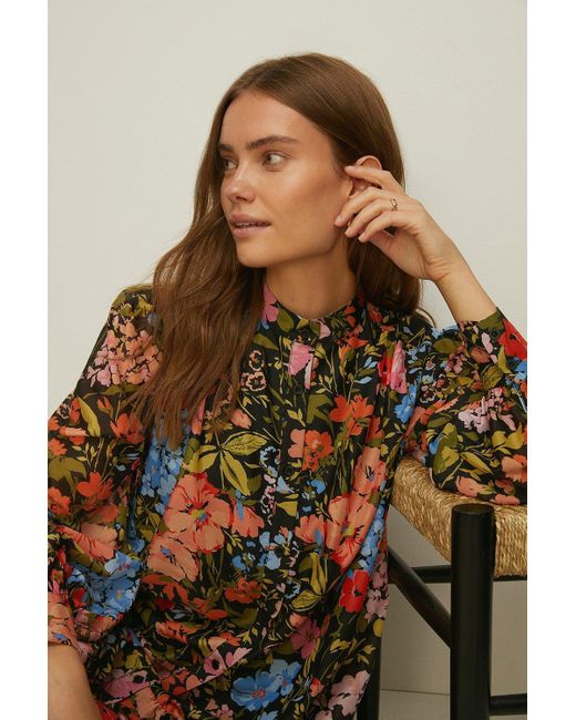 Oasis Brown Floral Organza Mini Shirt Dress