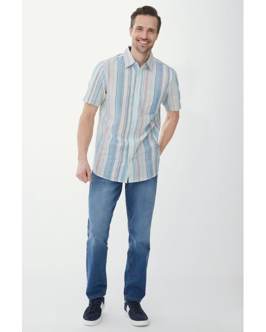 MAINE Blue Short Sleeve Linen Blend Stripe Shirt for men