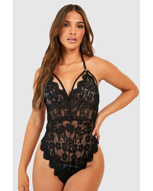 Boohoo Black Crotchless Strapping Lace One Piece