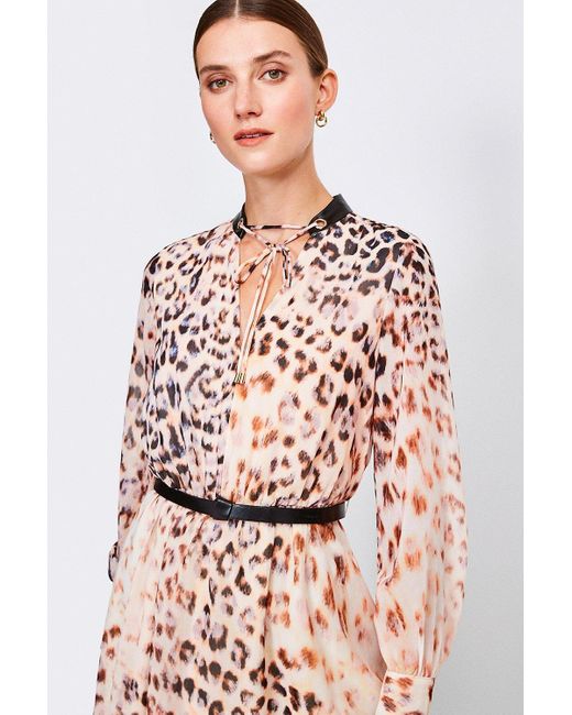 Karen Millen Brown Leopard Print And Pu Trim Dress