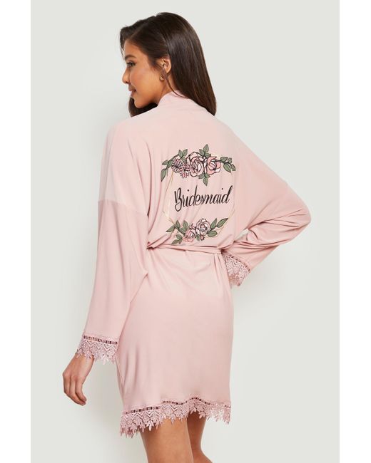 Boohoo Pink Bridesmaid Foil Floral Print Lace Trim Robe