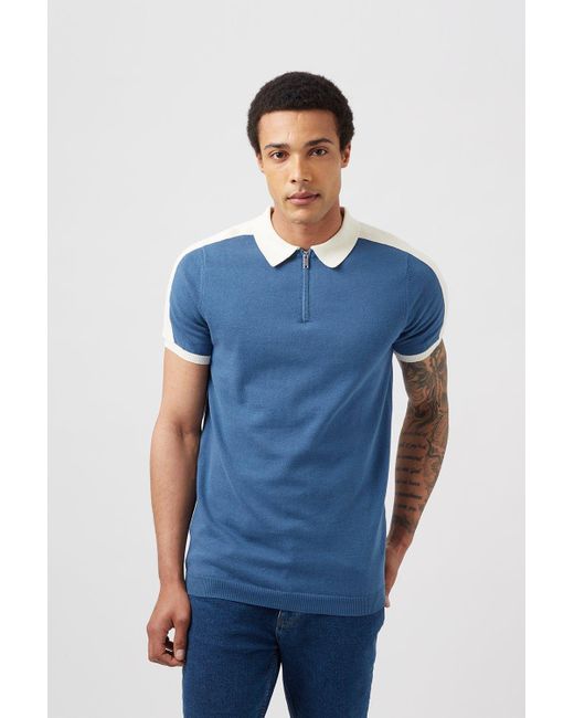Burton Blue Relaxed Fit Overarm Stripe Zip Neck Polo for men