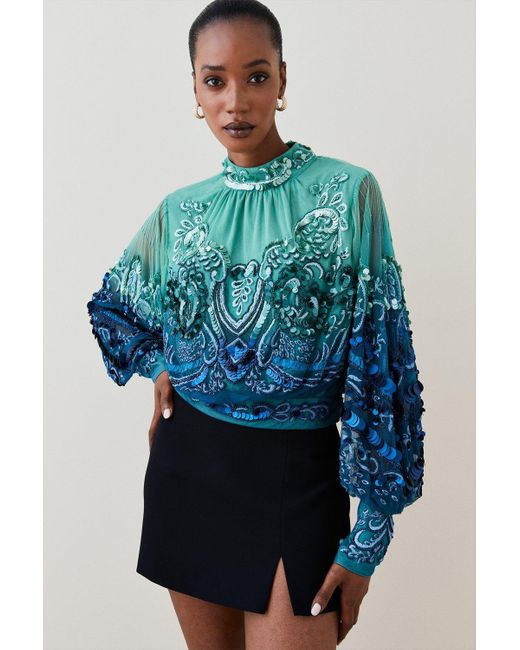 Karen Millen Green Ombre Sequin & Embroidered Blouse