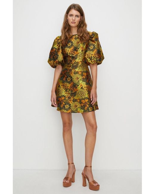 Oasis Yellow Floral Jacquard Puff Sleeve Skater Dress