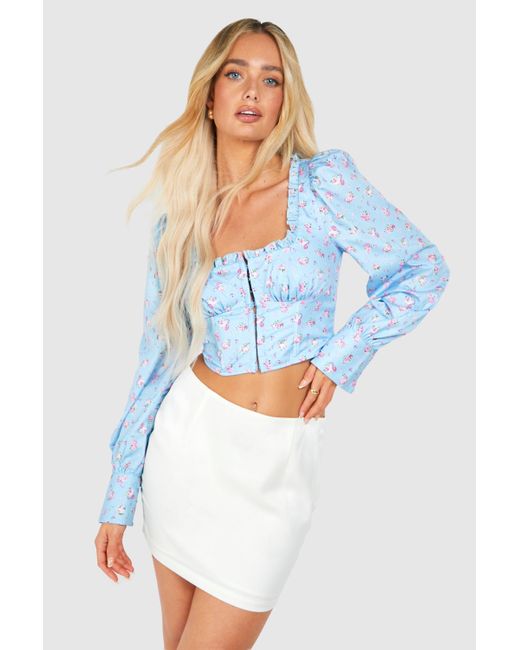 Boohoo Blue Floral Frill Detail Hook And Eye Corset