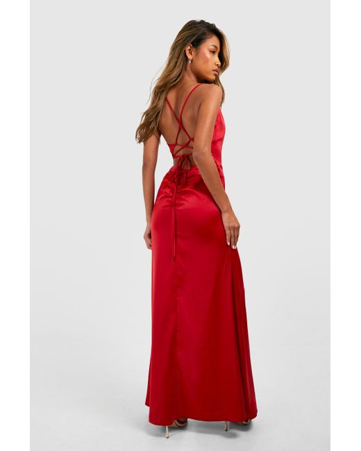 Boohoo Red Satin Slip Side Split Maxi Dress