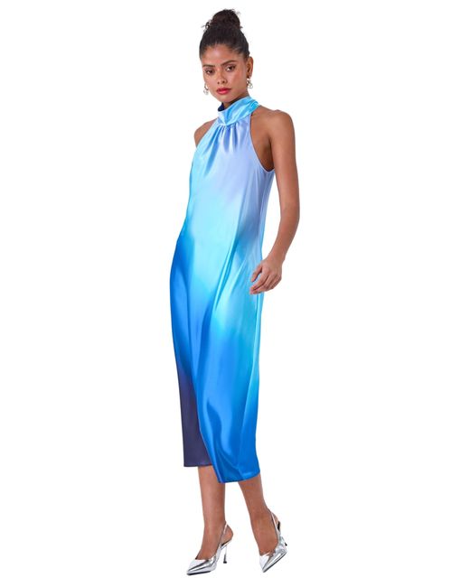 D.u.s.k Blue Satin Ombre Halterneck Dress