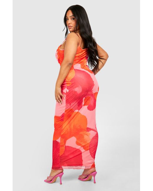 Boohoo Red Plus Abstract Floral Print Mesh Maxi Slip Dress