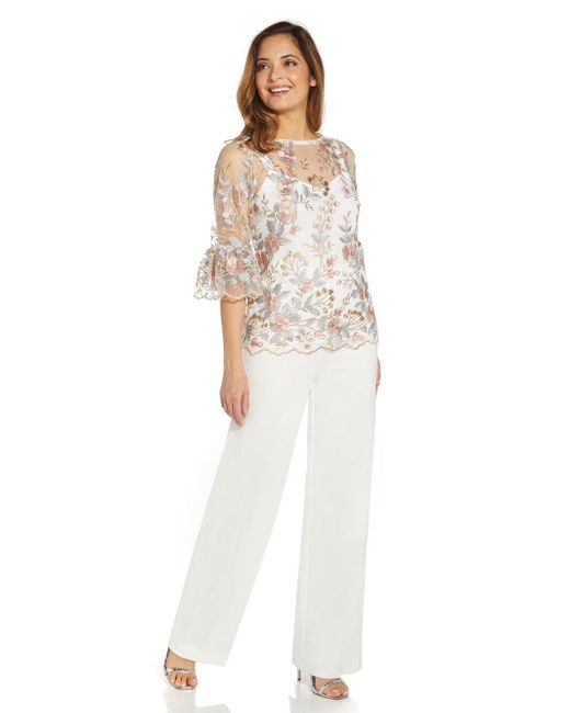 Adrianna Papell White Embroidered Mesh Top