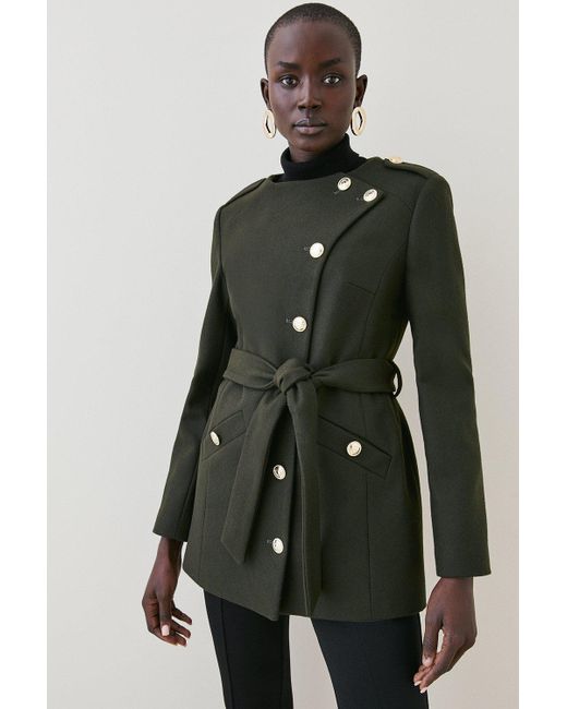 Karen Millen Green Italian Virgin Wool Military Button Up Coat