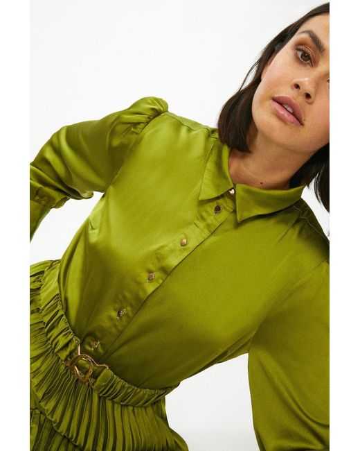 Coast Green Pleated Satin Shirt Dress With Belt
