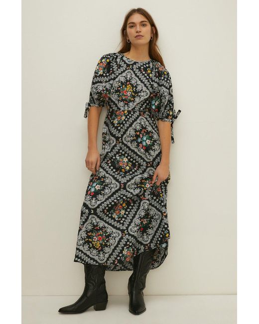 Oasis Black Floral Print Tie Sleeve Midi Dress