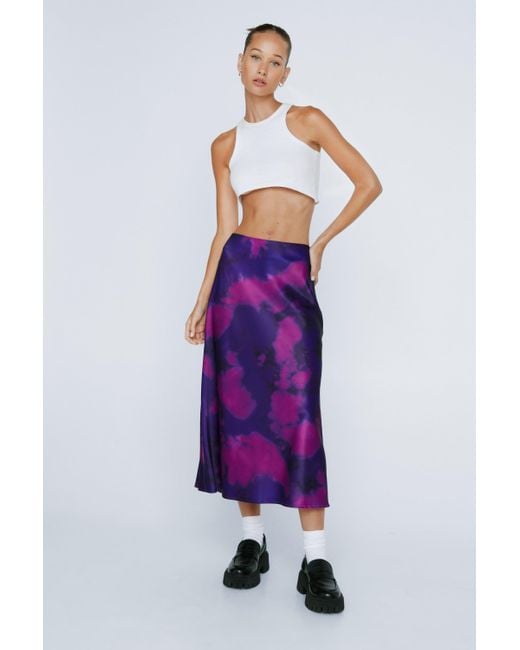 Nasty Gal Purple Petite Tie Dye Print Satin Midi Slip Skirt