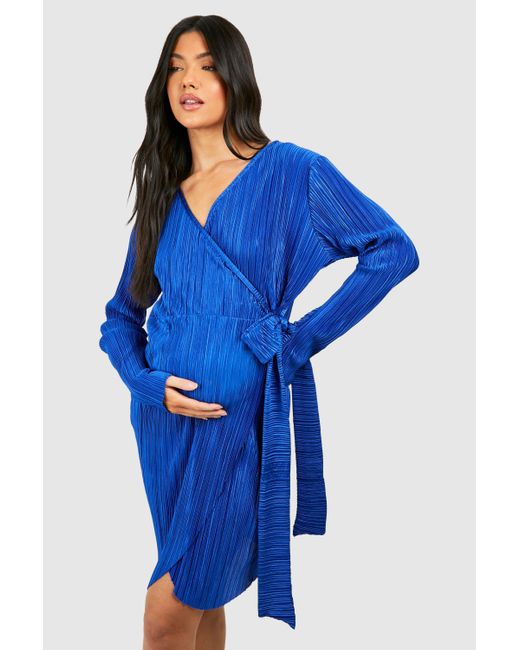 Boohoo Blue Maternity Plisse Wrap Belted Mini Dress