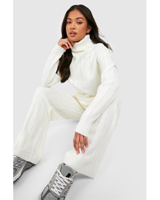 Boohoo White Petite Wide Rib Roll Neck & Trouser Knitted Co-ord