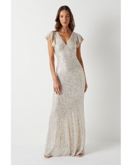 Coast White V Neck Angel Sleeve Sequin Maxi Bridesmaids Dress